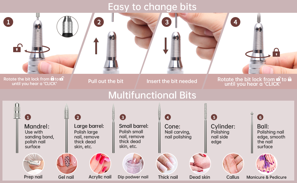 Електрична шліфувальна машинка для нігтів Kredioo з LED-дисплеєм, 35000 об/хв, для гелю та акрилу, 6 насадок, для професійного та домашнього використання, Champagner Gold