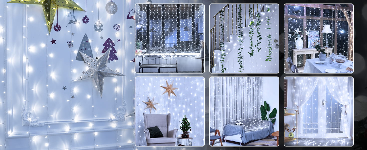 Лампочки-завіса для декору інтер'єру та екстер'єру 300 LED, 3x3м, різдвяне освітлення, 8 режимів, таймер, вологостійка, для вікна, стіни, вечірки, шлюбу, холодний білий