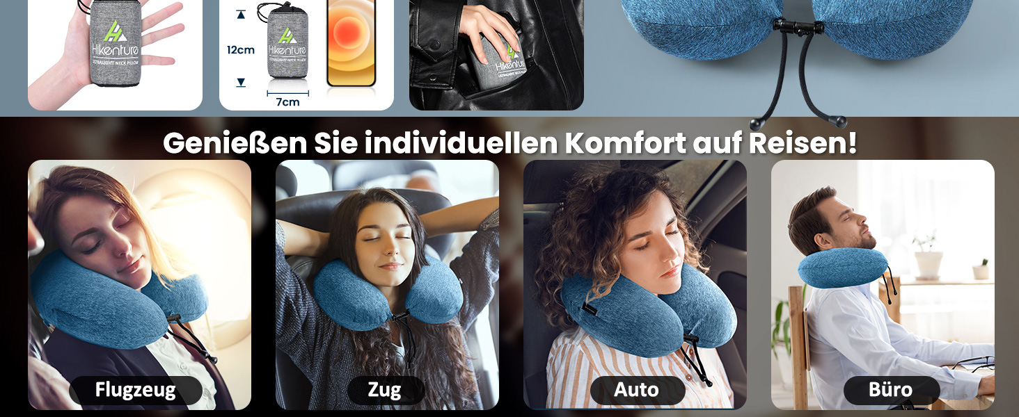 Подушка для шиї HIKENTURE надувна для подорожей літаком/поїздом з чохлом, синього/темно-синього кольору. Надувна подушка для шиї, зручна для дорослих.