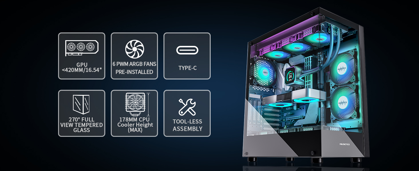 Корпус ПК MUSETEX K2: ATX Mid Tower з 7 PWM ARGB-вентиляторами, подвійне панорамне скло, Type-C, чорний (42.1 x 23 x 47 см)