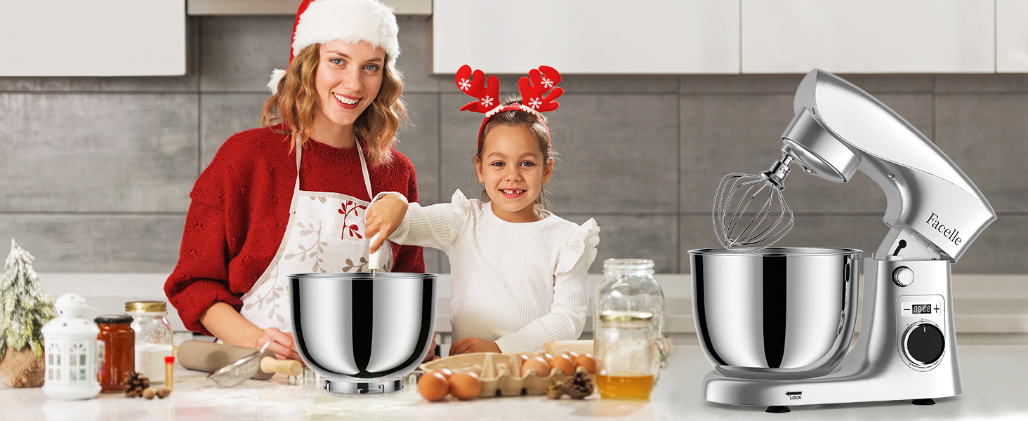 Кухонна машина-міксер Facelle 1500W з 5.5/4.5л чашею, 10+ програм, тиха робота, набір насадок (крюк, вінчик, віночок, захист від бризок)