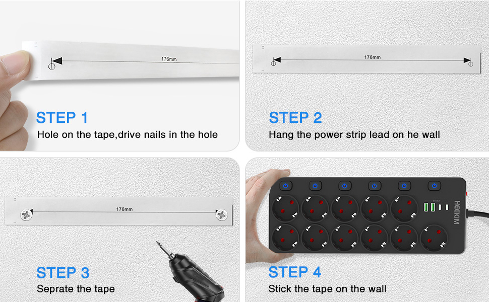 Мережевий фільтр HEEKIM з USB, 11 розеток, 2 USB-A та 2 USB-C, 4000W, 16A, з індивідуальним вимикачем, 2м кабель, для дому, школи, офісу, чорний