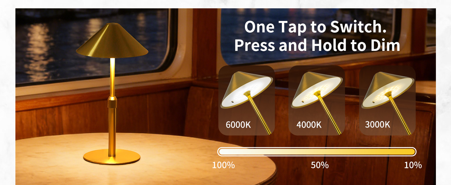 Нічник бездротовий акумуляторний Wiederaufladbare для вітальні, спальні, їдальні - Gold (латунь) з лампочкою, димуванням, сенсорним керуванням, 3-в-1