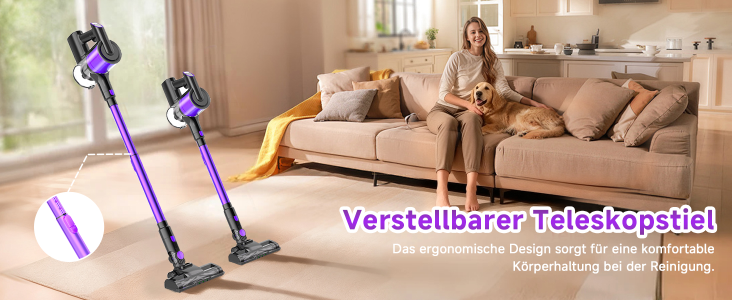 Бездротовий акумуляторний пилосос Hearten 4-в-1 з LED дисплеєм та антизаплутувальною насадкою, сенсорне управління, для видалення шерсті тварин, килимів та твердих поверхонь (фіолетовий)