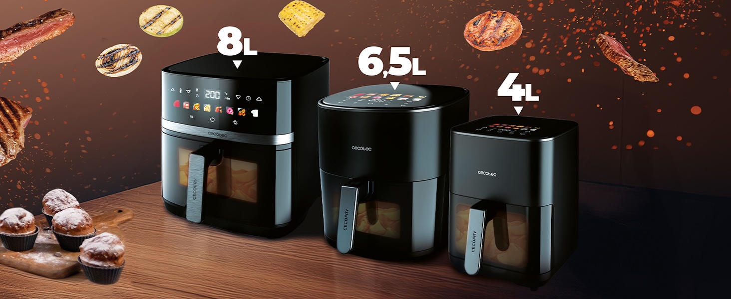 Фритюрниця без олії Cecotec Cecofry Grill Duoheat 8000, 8л, 2200W, з грилем, 8 меню, регулювання температури 80-200°C, цифровий дисплей, вікно