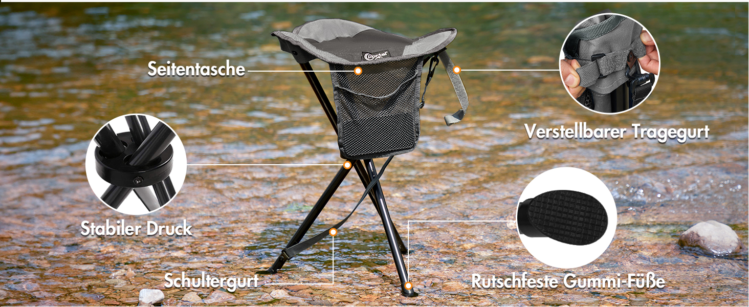 Складний туристичний стільчик з кишенею для риболовлі, кемпінгу та пікніків. Чорний, 53.3 см, до 102 кг.