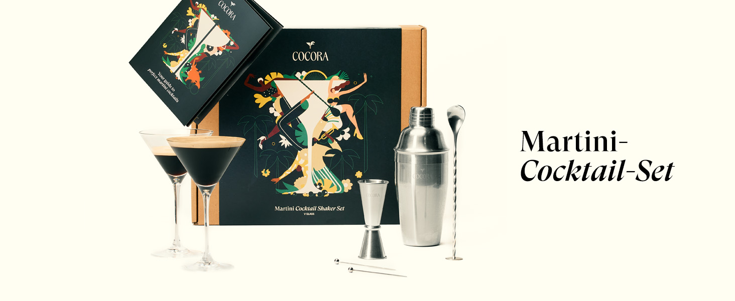 Коктейльний набір Cocora Martini-Set 8 предметів з нержавіючої сталі: шейкер, келихи для Мартіні, книга рецептів, подарункова упаковка (Чорний)