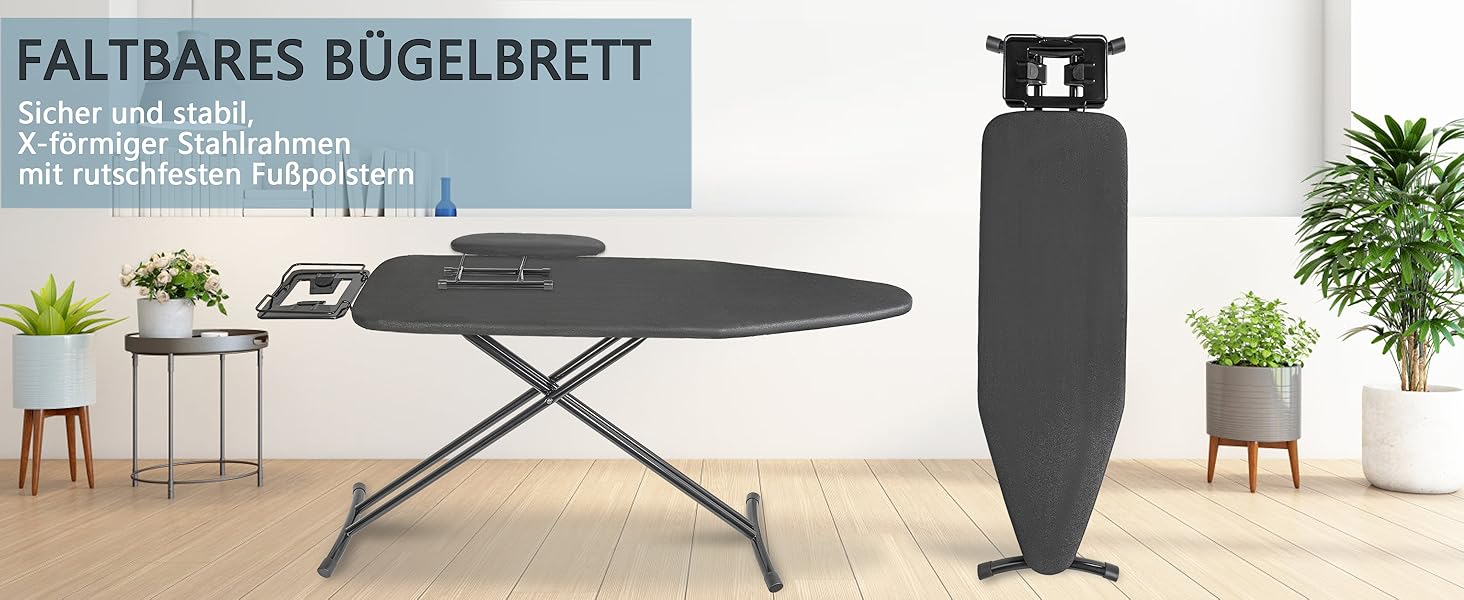 Відкидна прасувальна дошка з підставкою для праски, регульована по висоті, з неслизькими ніжками, компактна, чорна (122 x 38 см)