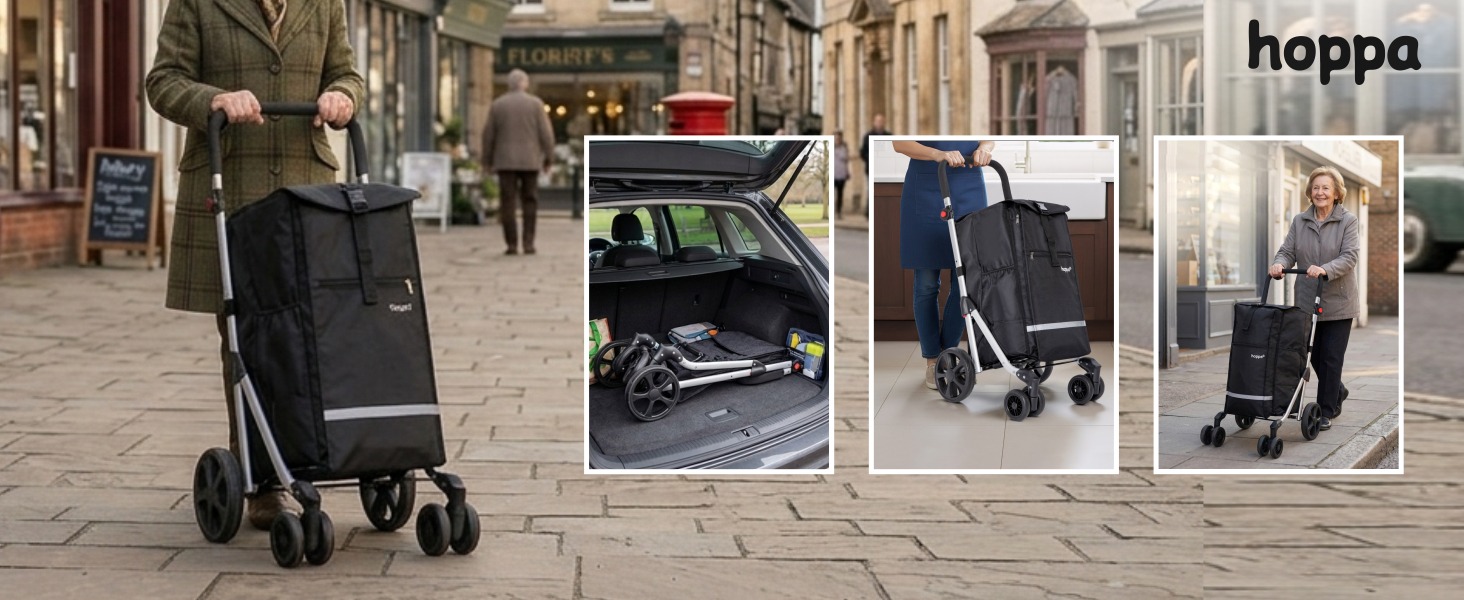 Hoppa – Розкладний візок для покупок | Великий 74L | Легкий візок на 6 колесах з 5 кишенями | Міцний та водонепроникний | Ідеальний для щоденного використання