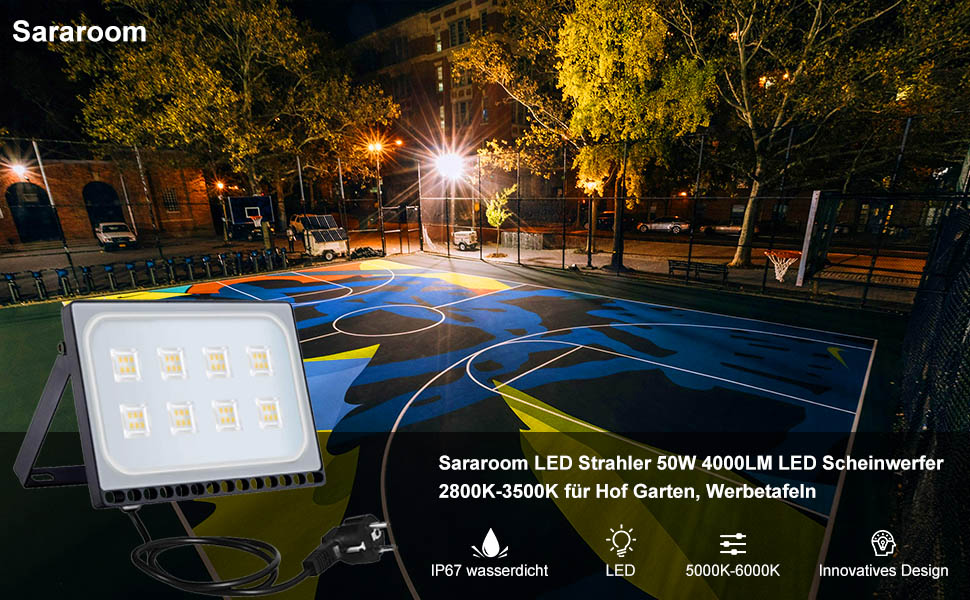 Світлодіодний прожектор Sararoom 50Вт для вулиці, 3000K тепле біле світло, 48 LED, 4000Лм, IP65, водонепроникний, для саду, двору, гаража, спортмайданчика