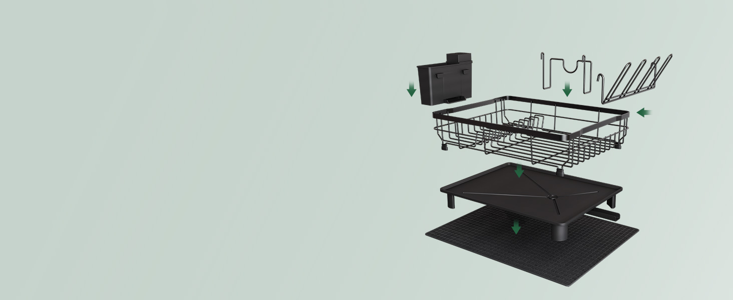 Сушарка для посуду MAJALiS з піддоном та килимком, 2-рівнева, з тримачем для столових приборів, поворотним виливом, чорна