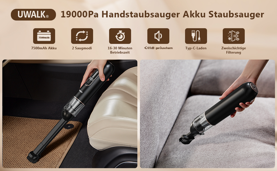 Бездротовий акумуляторний ручний пилосос Handstaubsauger: потужний 19000Pa, 7500mAh, USB-зарядка, 3 HEPA-фільтри, для матраців, авто, тварин, дому, столу