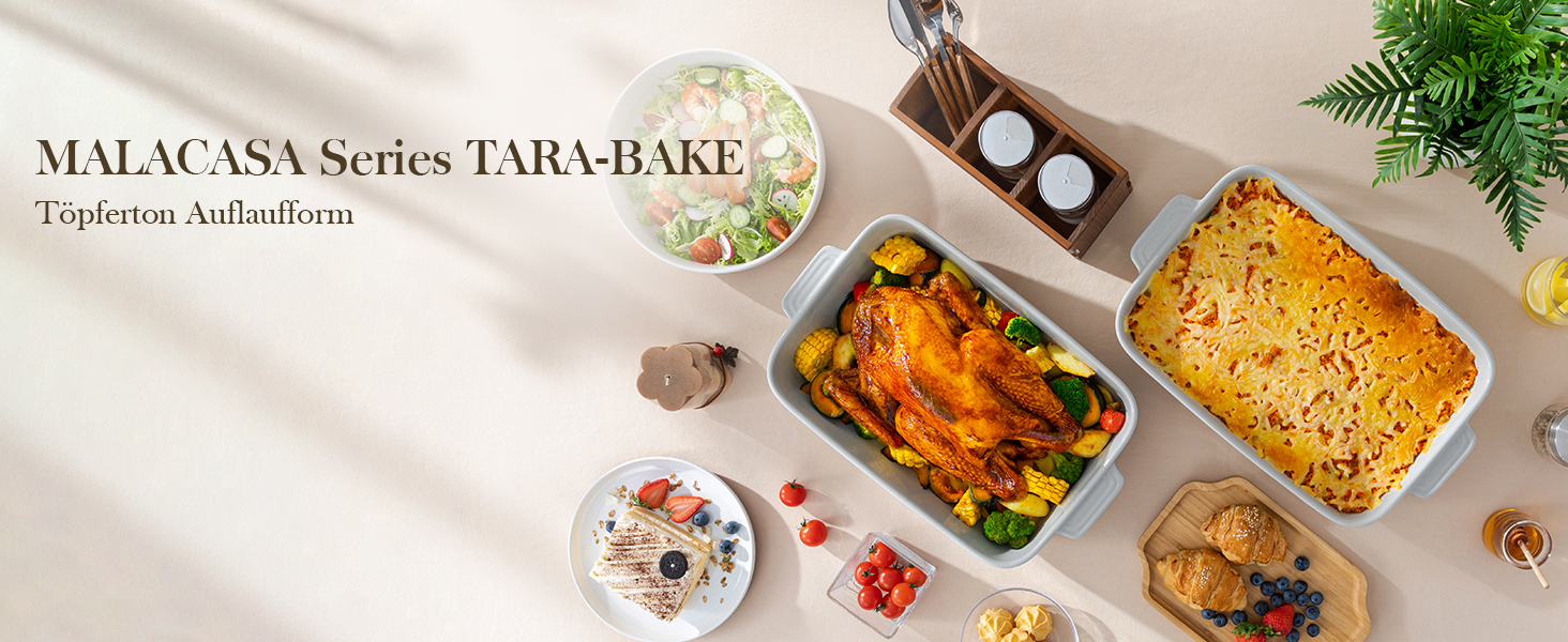 Форма для запікання MALACASA Serie TARA, 4.5L, кераміка, 35*23.8 см, сіра | Для лазаньї, тірамісу, запіканок