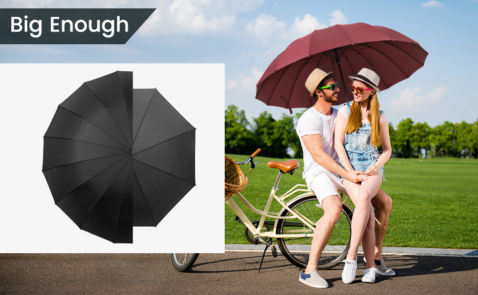 NINEMAX Large Windproof Umbrella - Wooden Handle Stick Umbrella for Men & Women - 16 Ribs Automatic Open - Double Layer Black