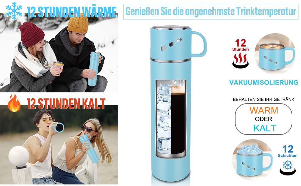 Термос з нержавіючої сталі 550 мл - термос-пляшка без протікань з чашкою та ручкою, вакуумний термокухоль 12 год гаряче / 12 год холодне, неслизький келих для кави в дорозі для спорту, роботи, школи, авто (Блакитний)