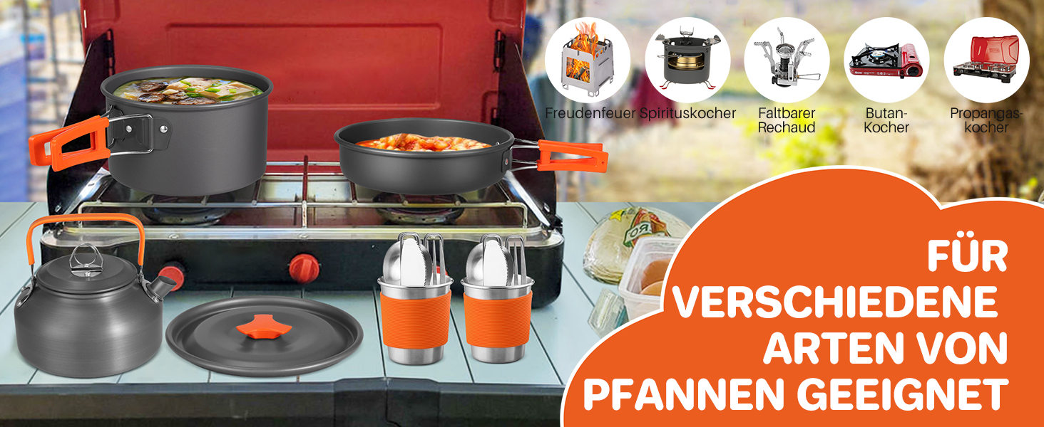 Набір посуду для кемпінгу Funykich 17 предметів: каструлі, сковорідки, чашки, столові прибори. Підходить для 2 осіб, пікніків, походів.