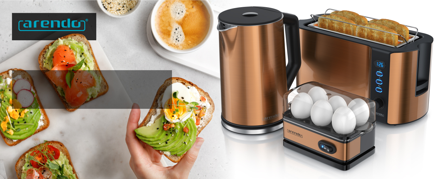 Набір Arendo: чайник, тостер та яйцеварка, нержавіюча сталь, сірий, 1,5л, 40-100°C, 4 тости, LED-дисплей, 6 рівнів підсмажування, для 1-6 яєць