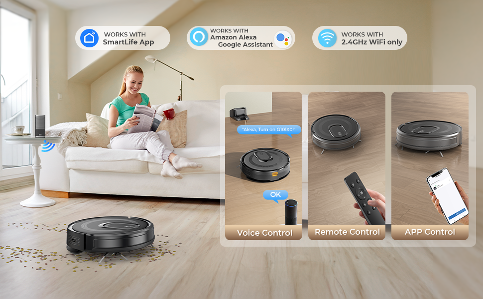 Робот-пилосос з функцією миття, 4200Pa, 130 хв роботи, для високих порогів, гладких поверхонь та тиха робота, система захисту від заплутування, керування через додаток/Alexa/Wi-Fi, для шерсті тварин, килимів та підлоги, чорний