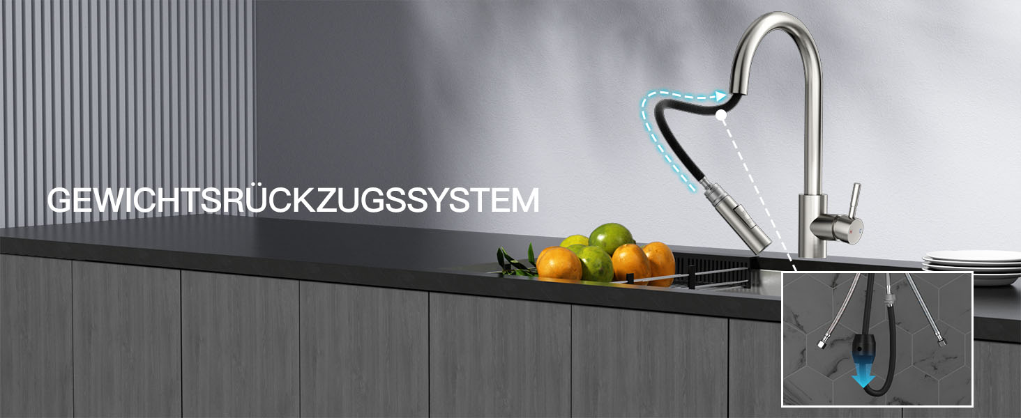 Кран кухонний Rainsworth з висувною лійкою та душем, 360° поворот, нержавіюча сталь, висота 56 см