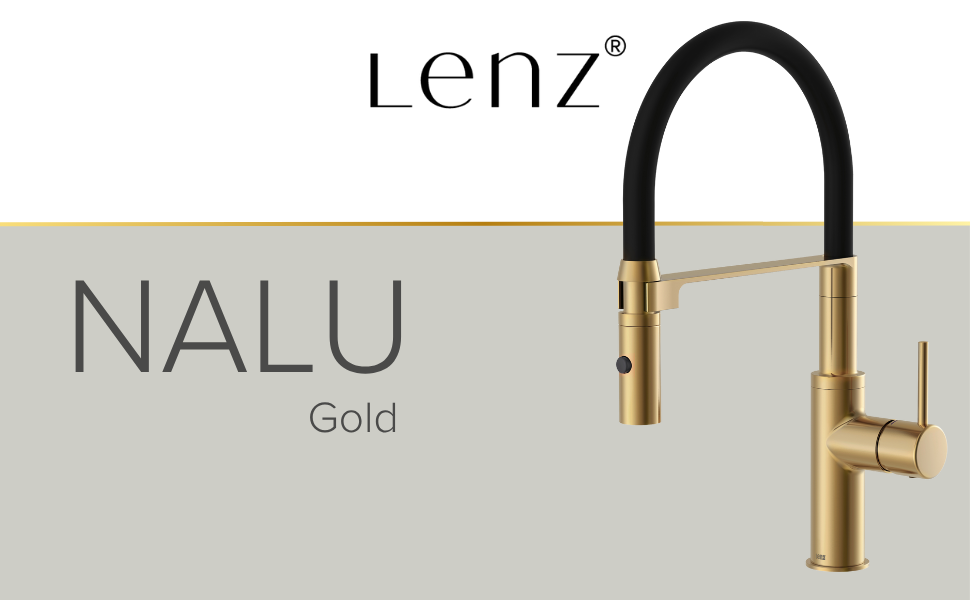 Кухонний змішувач Lenz NALU - матовий золотий, гнучкий вилив, 2 режими, економія води, антифрегат, монтаж зверху, артикул 46070422