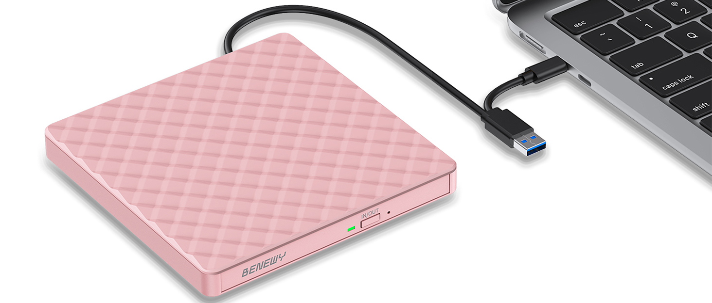 Зовнішній DVD-привід USB 3.0 та USB-C, CD/DVD гравір для ноутбука та ПК (Windows, Mac OS, Linux), Рожевий