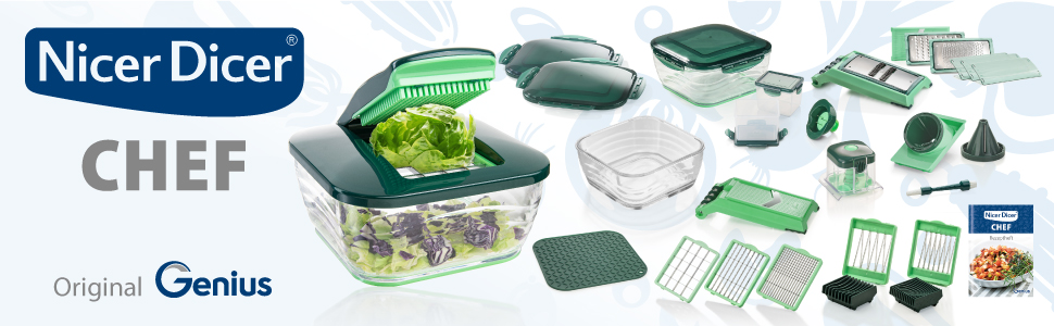 Мультифункціональна овочерізка Genius Nicer Dicer Chef 34-в-1 з томаторізкою, скляною чашею, для нарізки овочів, спіралей, скибок, соломки, джулієн