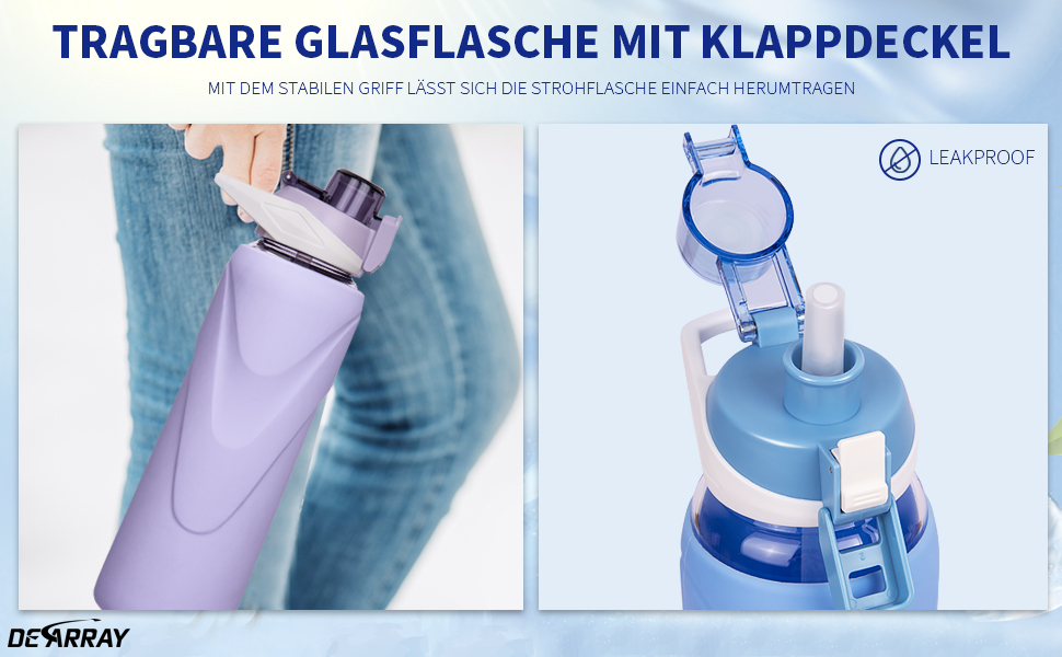 Скляна пляшка для води 1 л з трубочкою, BPA free, боросилікат, силіконова обгортка, темно-зелена