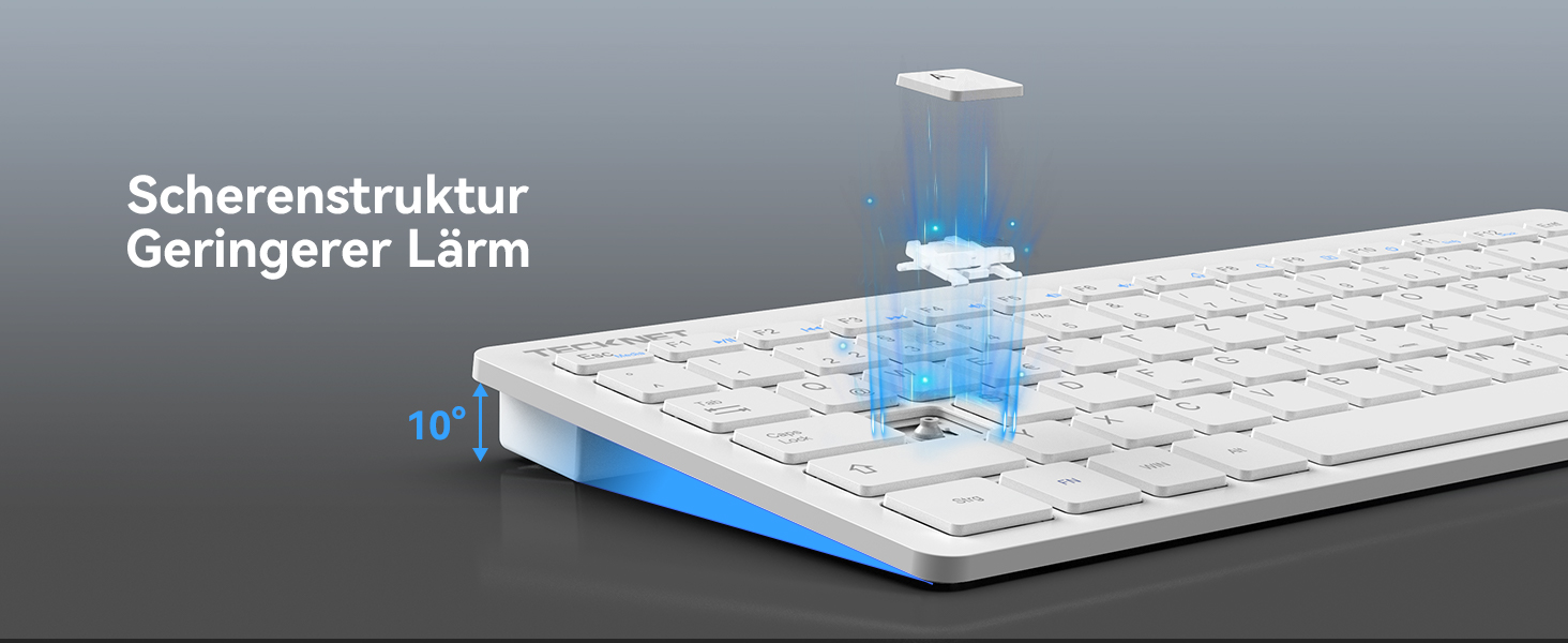 TECKNET Бездротовий комплект клавіатури та миші, QWERTZ, 2.4 GHz, 15м, тиха клавіатура та миша для ПК, ноутбука, Smart TV, білий