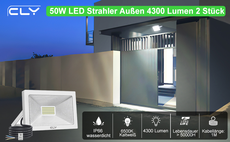 LED прожектор CLY для вулиці 50W, 2 шт, 4300 Лм, холодне біле світло 6500K, IP66, водонепроникний, для двору, гаража, саду