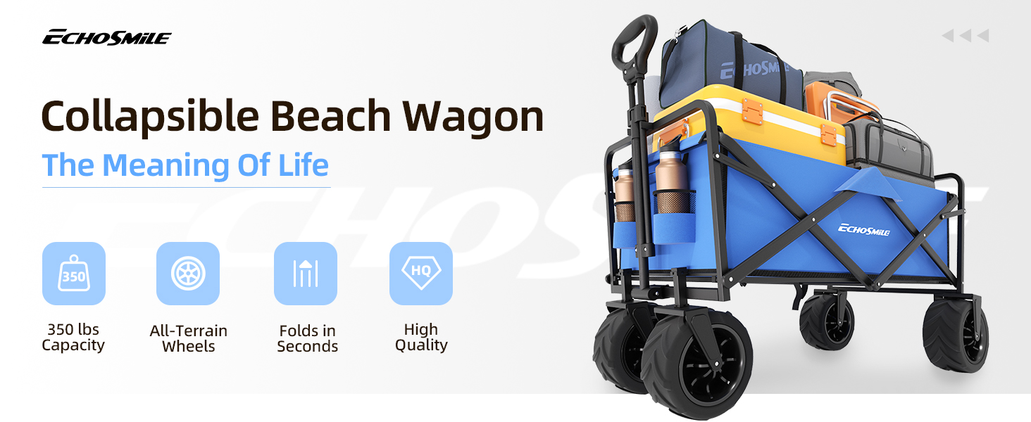 Візок-садок EchoSmile Bollerwagen 200л, 160кг, синій - складаний, з регульованою ручкою та бічними кишенями, для пляжу, саду, покупок