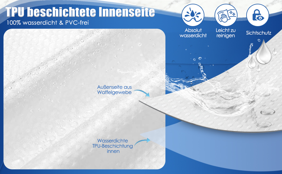 Водонепроникна штора для душу з вафельного текстилю 180x190 см, 260 GSM, біла. Преміум якість, анти-грибок, 10 петель, стиль готелю/SPA, машинне прання