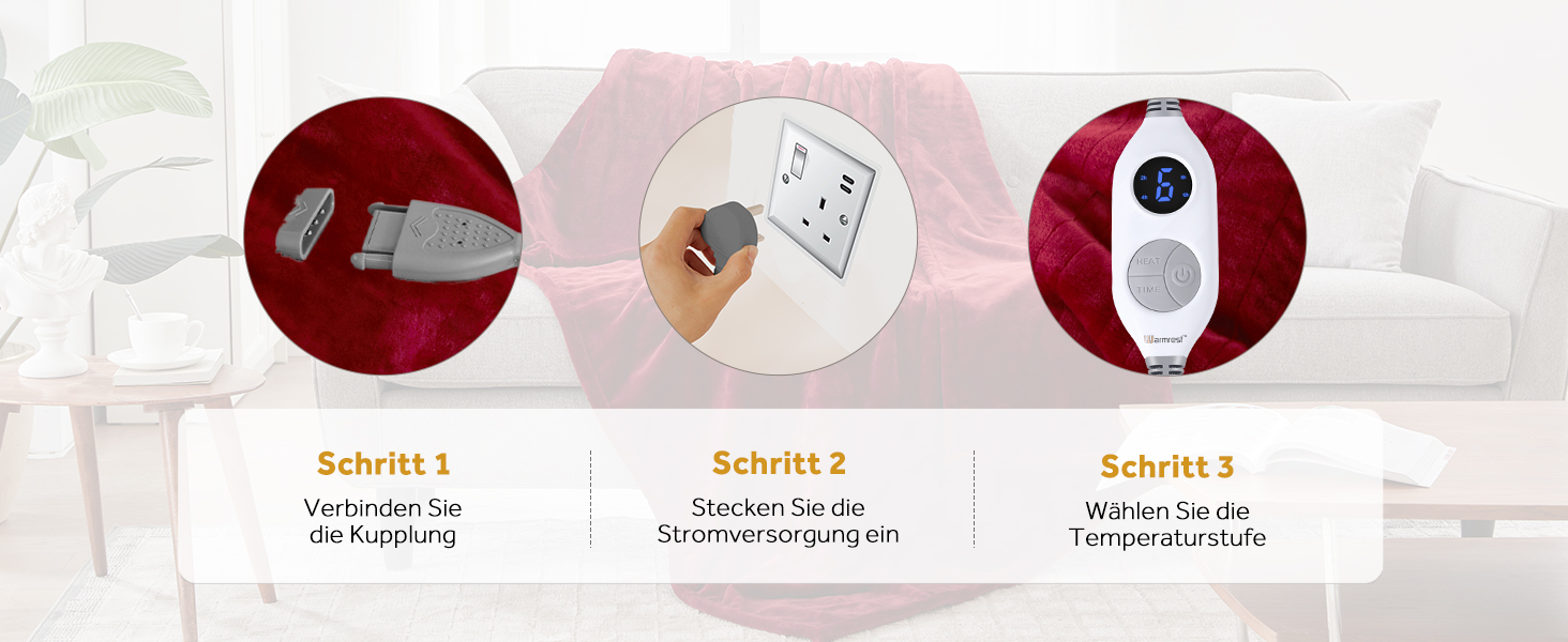 Електрична ковдра Warmrest, фланель, 130x180 см, 6 температурних режимів, таймер 1-10 год, автовимкнення та захист від перегріву, можна прати, 130x180 см (червона)