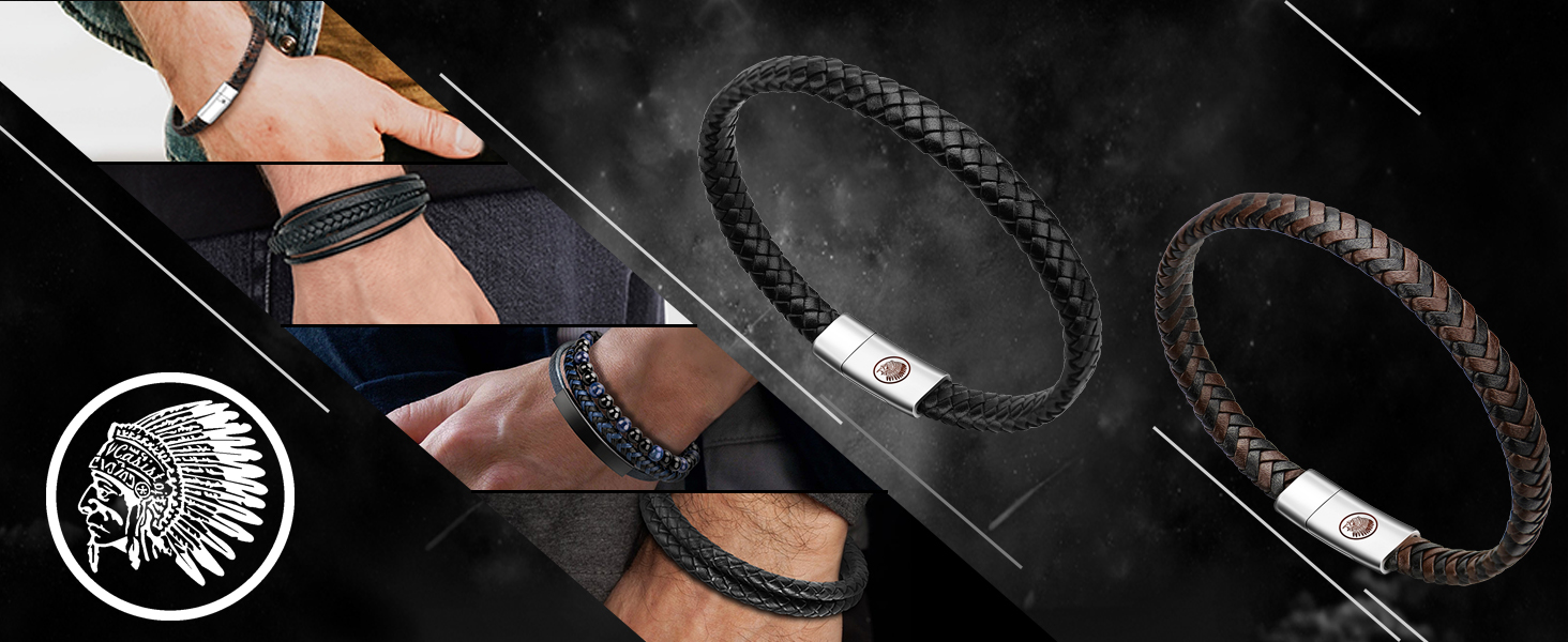 Чоловічий шкіряний браслет Casisto.J з нержавіючої сталі, плетений, з магнітною застібкою, чорний/коричневий, 17.5 см