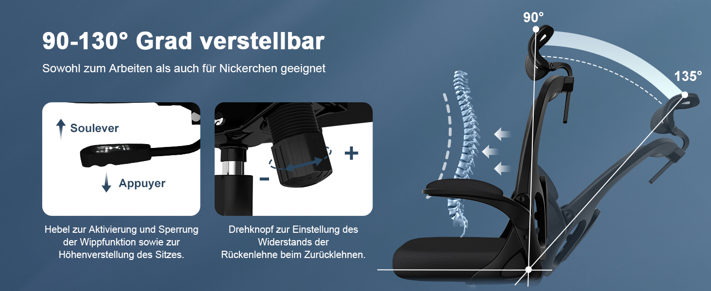 Офісний крісло з підголівником та підтримкою попереку, ергономічне, з регулюванням нахилу до 130°, з відкидними підлокітниками, поворотне, чорне, модель Ⅰ, до 150 кг