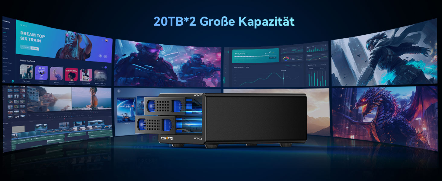 Зовнішній корпус для HDD/SSD CENMATE 802TC, 2 слоти 2.5/3.5 SATA, 10Gbps, USB 3.2 Type-A/C, з охолодженням та Hot Swap