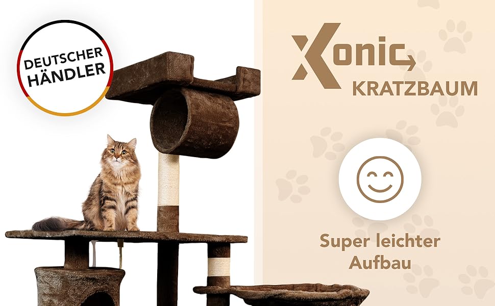 Кігтеточка для котів Foxdevil від xonic® - стабільна, багатофункціональна, з платформою, гамаком, будиночком, іграшкою, 141 см (Коричнева V1)