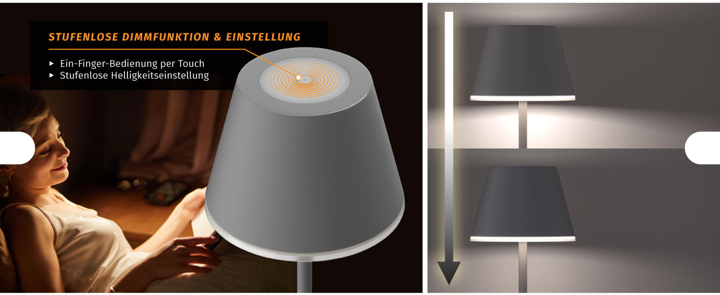 LED настільна лампа CSL з акумулятором - бездротова, сенсорна, димування, 3 кольори світла, метал, великий акумулятор, для дому та вулиці, колір антрацит