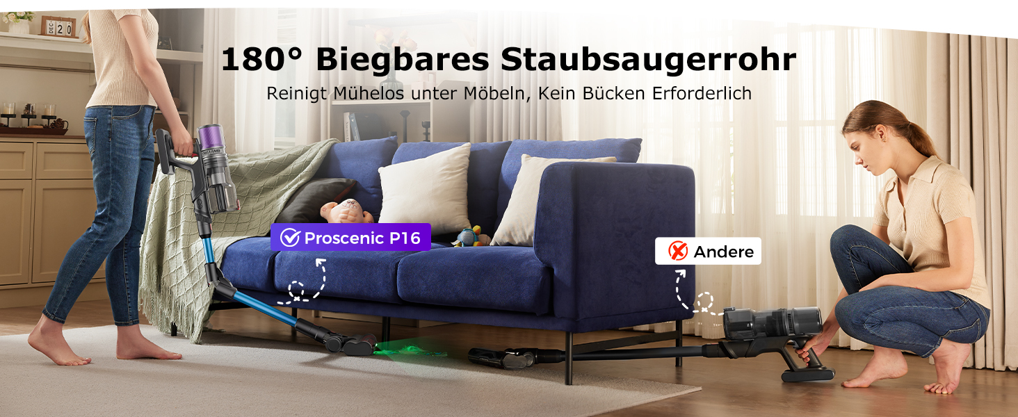 Бездротовий пилосос Proscenic P16 з акумулятором, 55 кПа, 550 Вт, 65 хв, гнучкий гофрований з'єднувач, GreenEye, щітка Anti-Tangle, для килимів, твердих поверхонь, шерсті домашніх тварин, автосалонів, блакитний