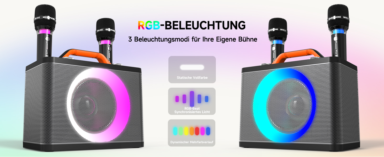 Караоке машина з 2 бездротовими мікрофонами RGB – 5200 mAh, 10 RGB-режимів, незалежне керування, 13 годин відтворення, Hi-Fi звук, підтримка AUX/USB/TF-карт/Coax, чорний