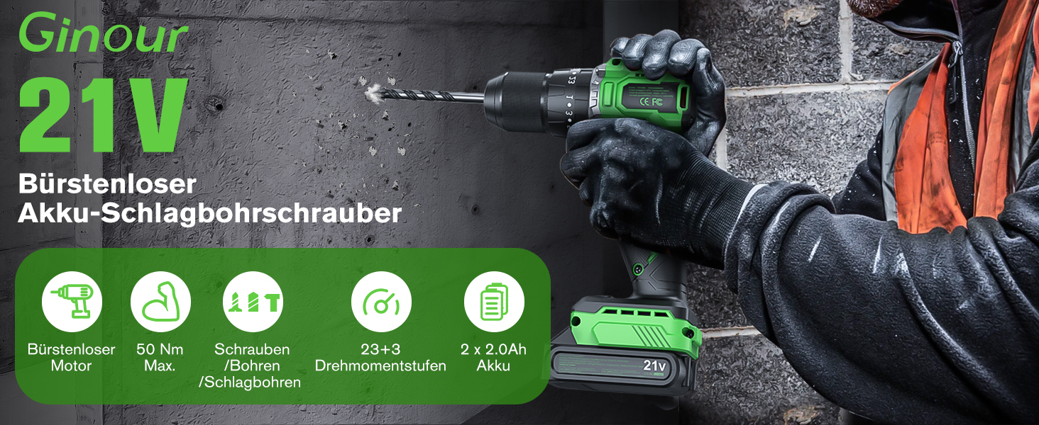 Ginour 21V акумуляторний ударний дриль-шуруповерт, комплект 47 предметів, сумісний з Makita 18V, 50 Nm, 2 швидкості, LED, 10 мм