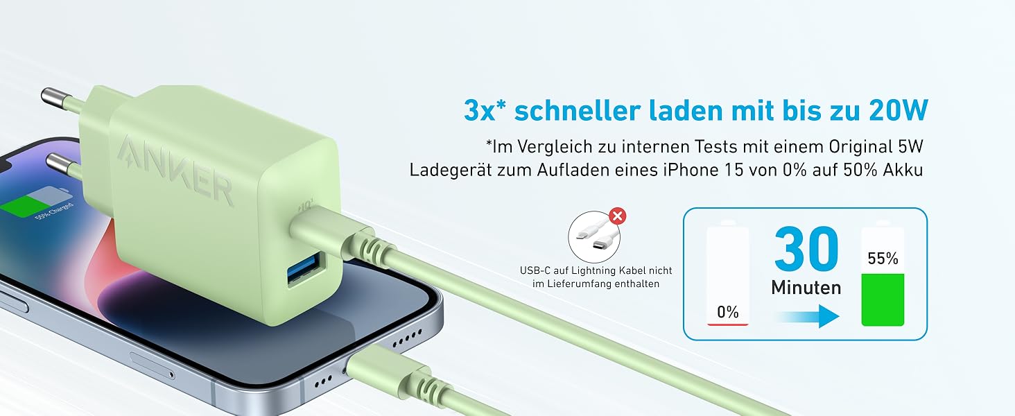 Зарядний пристрій Anker 20W USB-C, адаптер живлення для iPad, швидка зарядка, сумісний з iPhone 17/16/15, кабель USB-C (150 см), зелений