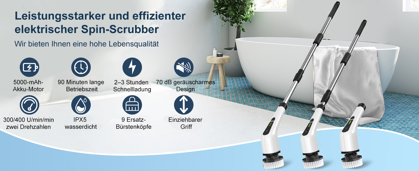 Електрична щітка для прибирання бездротова з 9 змінних насадок, 2 швидкості. Електричний очищувач ванни з регульованою ручкою для ванної, кухні, авто, підлоги