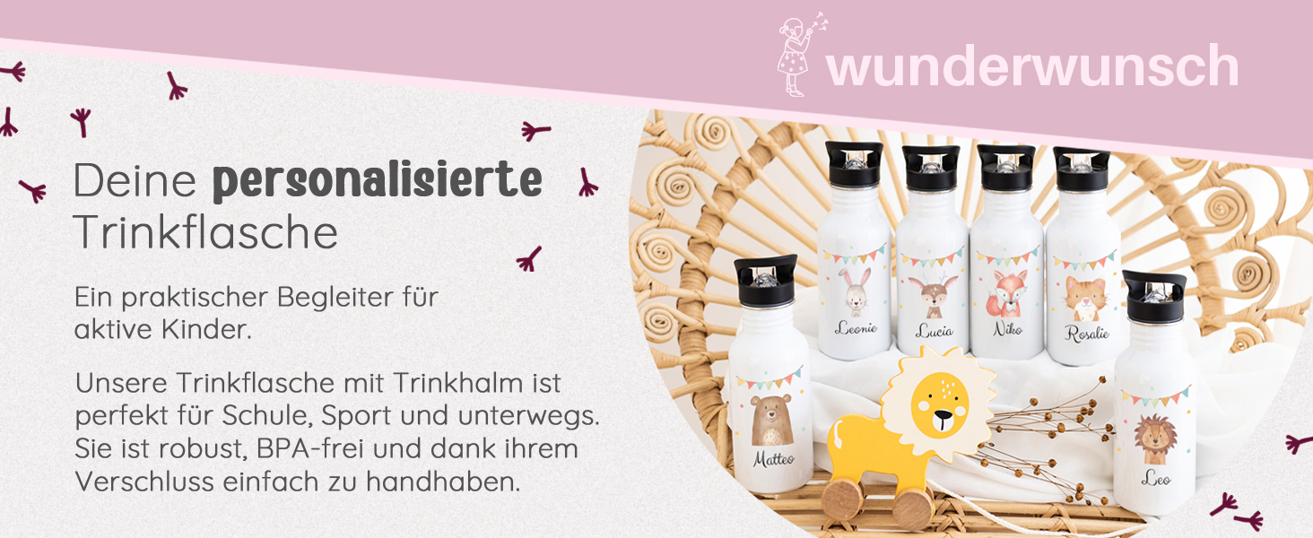 Дитяча термопляшка з нержавіючої сталі Wunderwunsch® з іменем - 500 мл - з трубочкою | Персоналізований подарунок для дитини