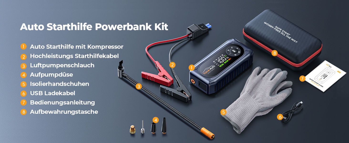 Powerbank для автомобіля YaberAuto AP02 з компресором, 150PSI, 4500A, для бензинових двигунів до 9.0L та дизельних до 8.0L, LED ліхтар 500 Lumen (4 режими), LCD дисплей 3.3