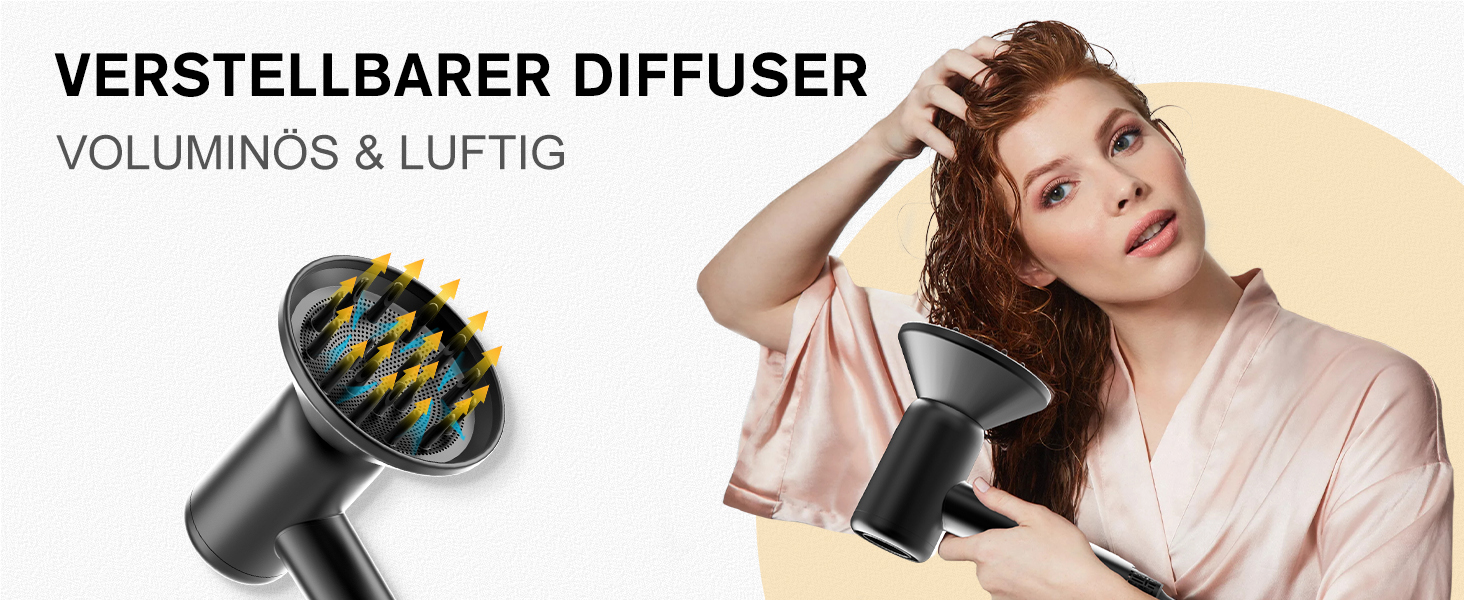 Професійний фен Hiacinto з іонізацією та технологією Plasma, 180 000 обертів/хв, тихий (59dB), 3 режими температури/повітря, з насадкою та дифузором, компактний для подорожей