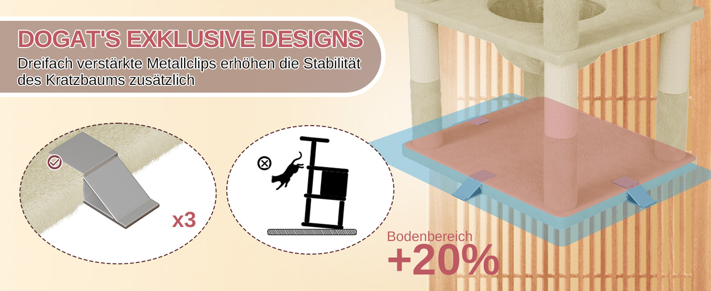 Великий котячий будиночок Kratzbaum 208 см з 3 анти-перекидною системою. Стабільний котячий будиночок XXL з 15 стовпчиками для дряпання, 2 платформами, 2 печерами, 1 рампою для дряпання та гамаком. Для великих котів (Бежевий)