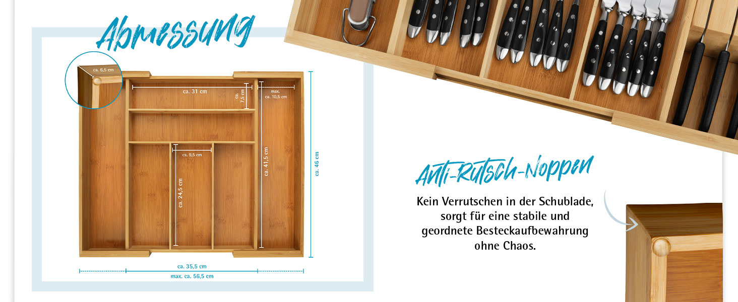 Органайзер для столових приборів Gräwe з бамбука для кухонних шухляд, змінний, розсувний 28.5-40.5 см, дерев'яний вигляд