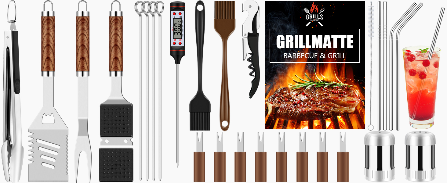 Набір барбекю 30 предметів: щипці, лопатка, штопор, аксесуари для гриля з нержавіючої сталі, термостійка килимок, кейс. Чудовий подарунок для чоловіків, для гриля, кемпінгу та саду.