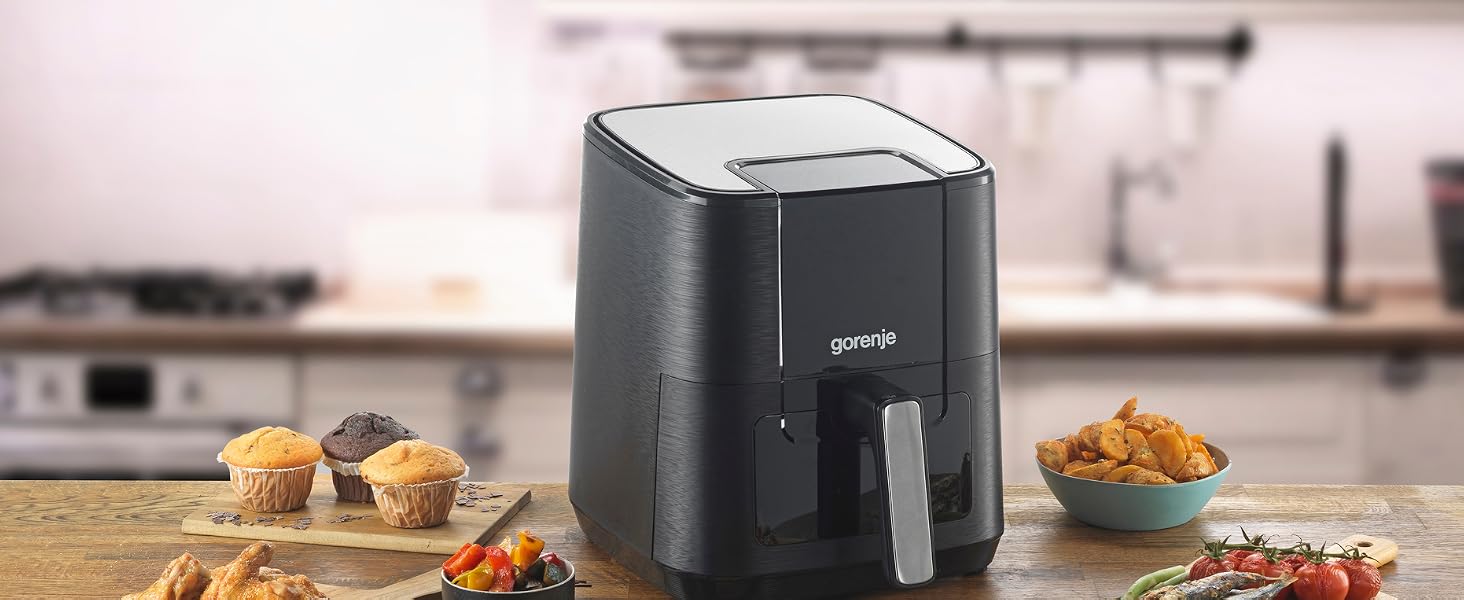 Аерофритюрниця Gorenje AF1350DWB, 1350 Вт, чаша 5.4 л з вікном, 8 автоматичних програм, антипригарне покриття, LED-дисплей, чорна