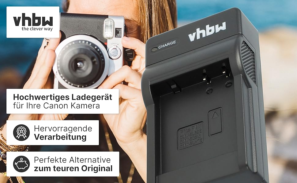 Зарядний пристрій vhbw сумісний з Canon PowerShot A2600, A2500, A2300, A3400, A2400 – для камери/відеокамери, акумулятор, зарядний футляр, індикатор заряду, 4.2V